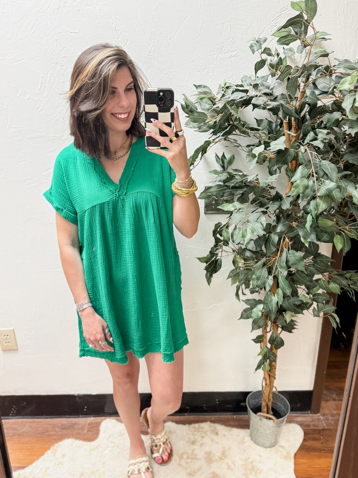 The Kaylin Gauze Raw Edge V-neck Dress - Kelly Green