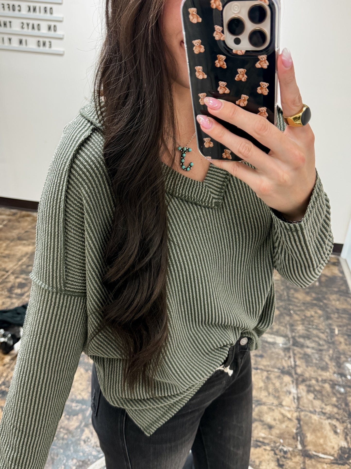 The Ansleigh Corded Long Sleeve Top - Dark Olive