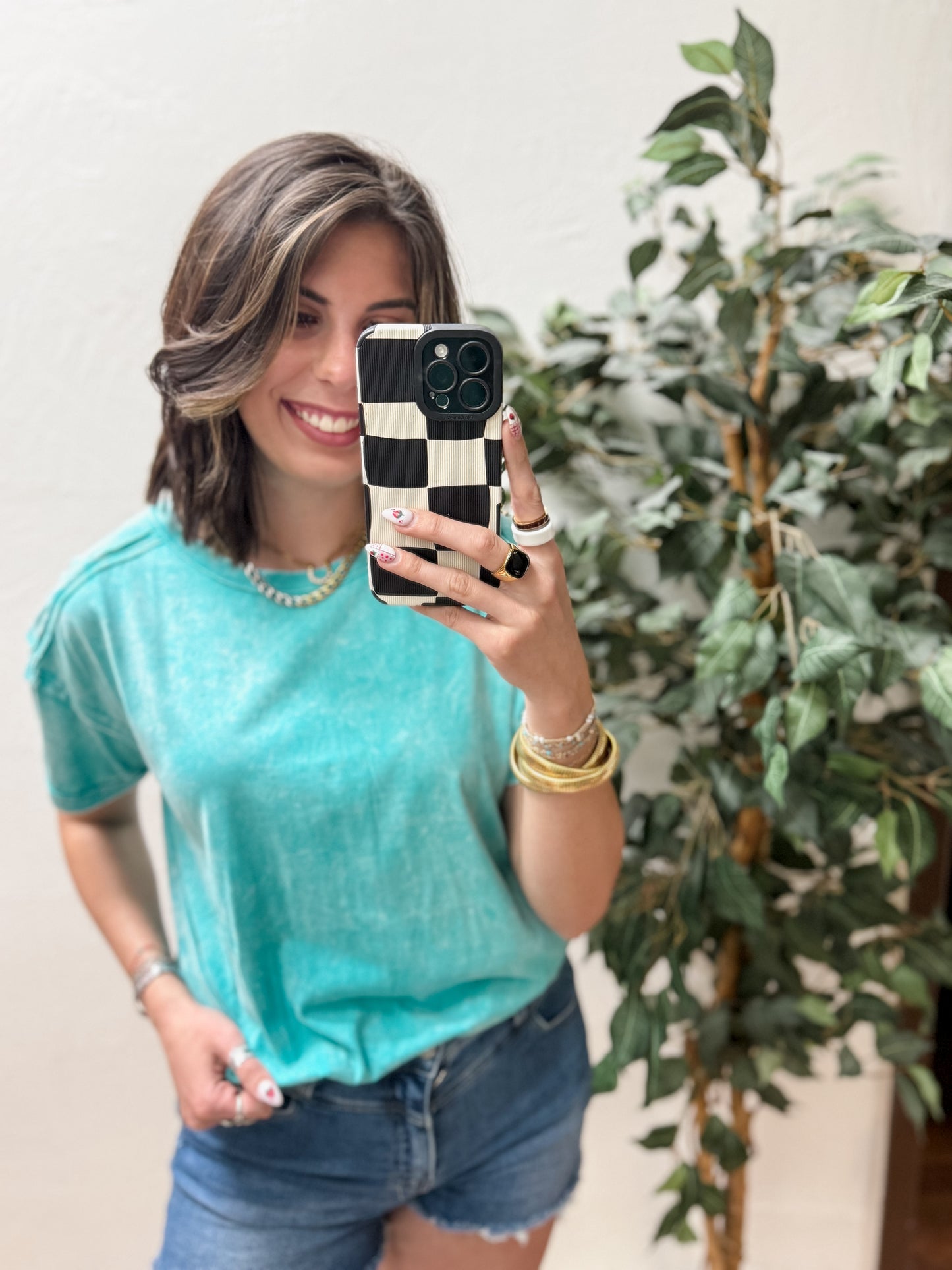 The Harli Acid Washed Round Neck Tee - Turquoise