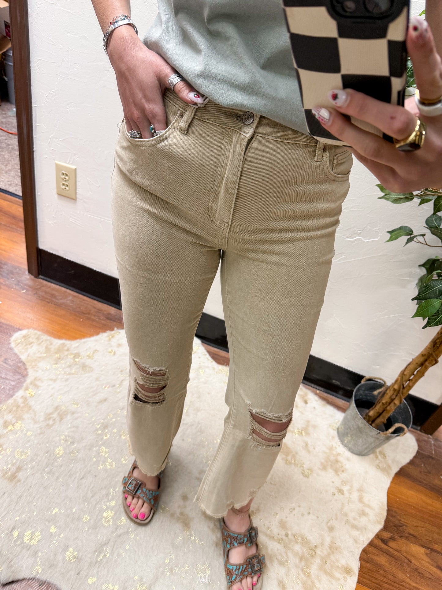 The Tristan Acid Wash High Waist Distressed Straight Pants - Sand Beige