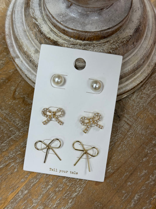The Bow Stud Earring Set - Gold/Pearl