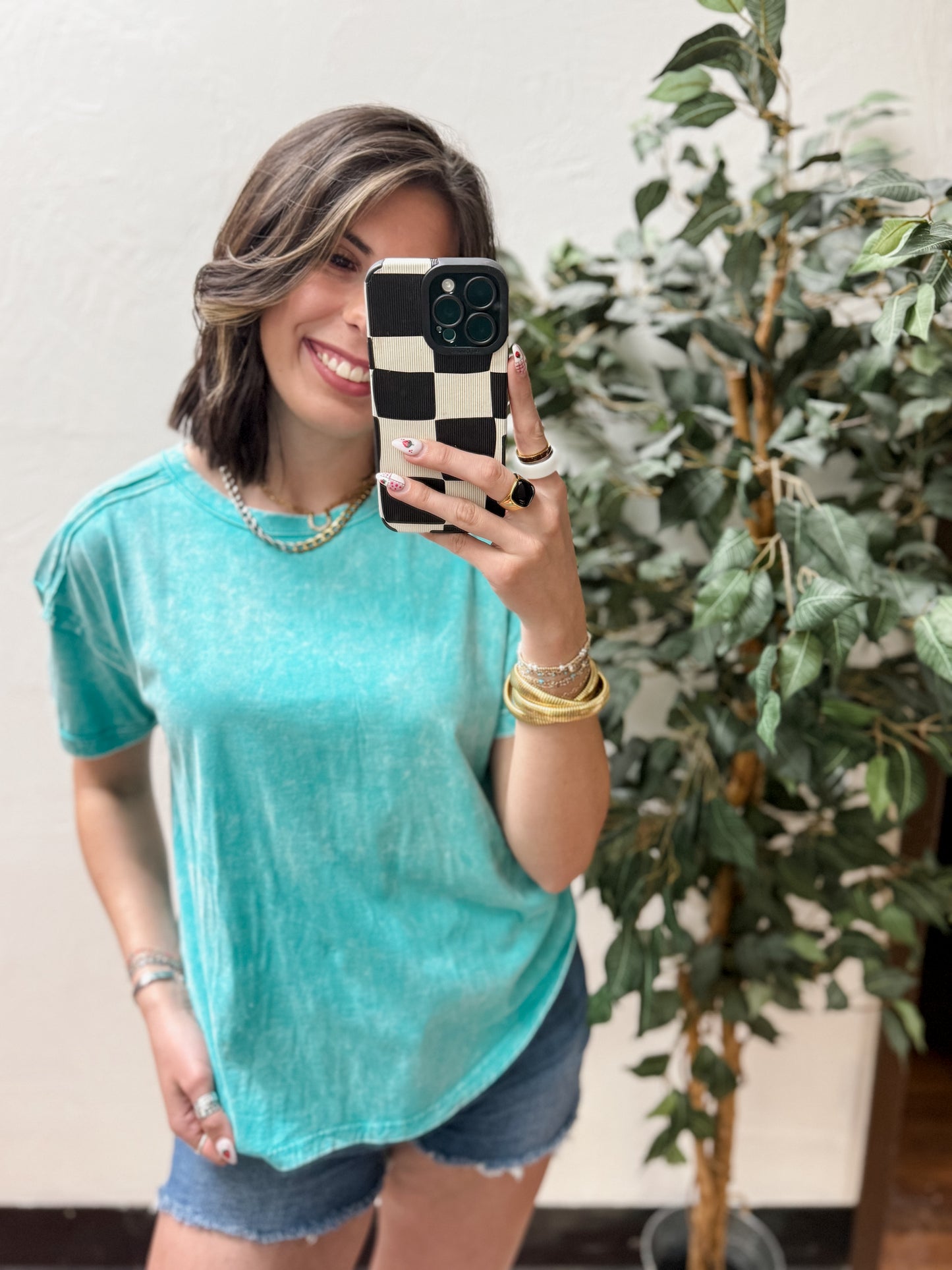 The Harli Acid Washed Round Neck Tee - Turquoise