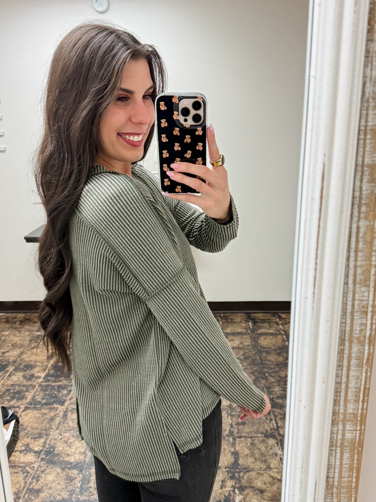 The Ansleigh Corded Long Sleeve Top - Dark Olive