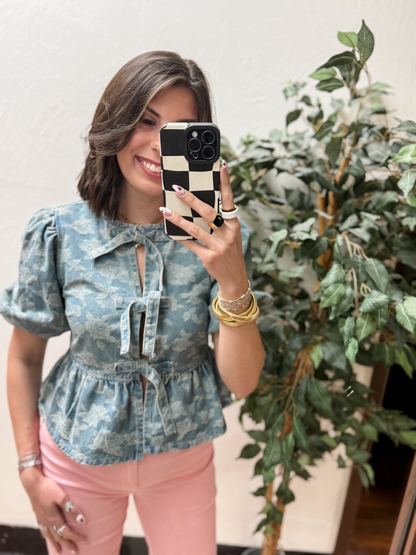 The Marlowe Rose Front Tie Puff Sleeve Denim Top