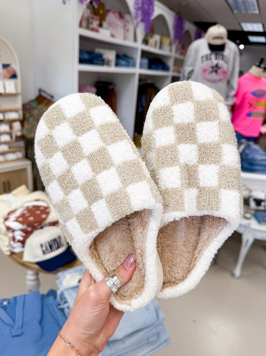 The Checkered Print Plush Slippers - Beige/White