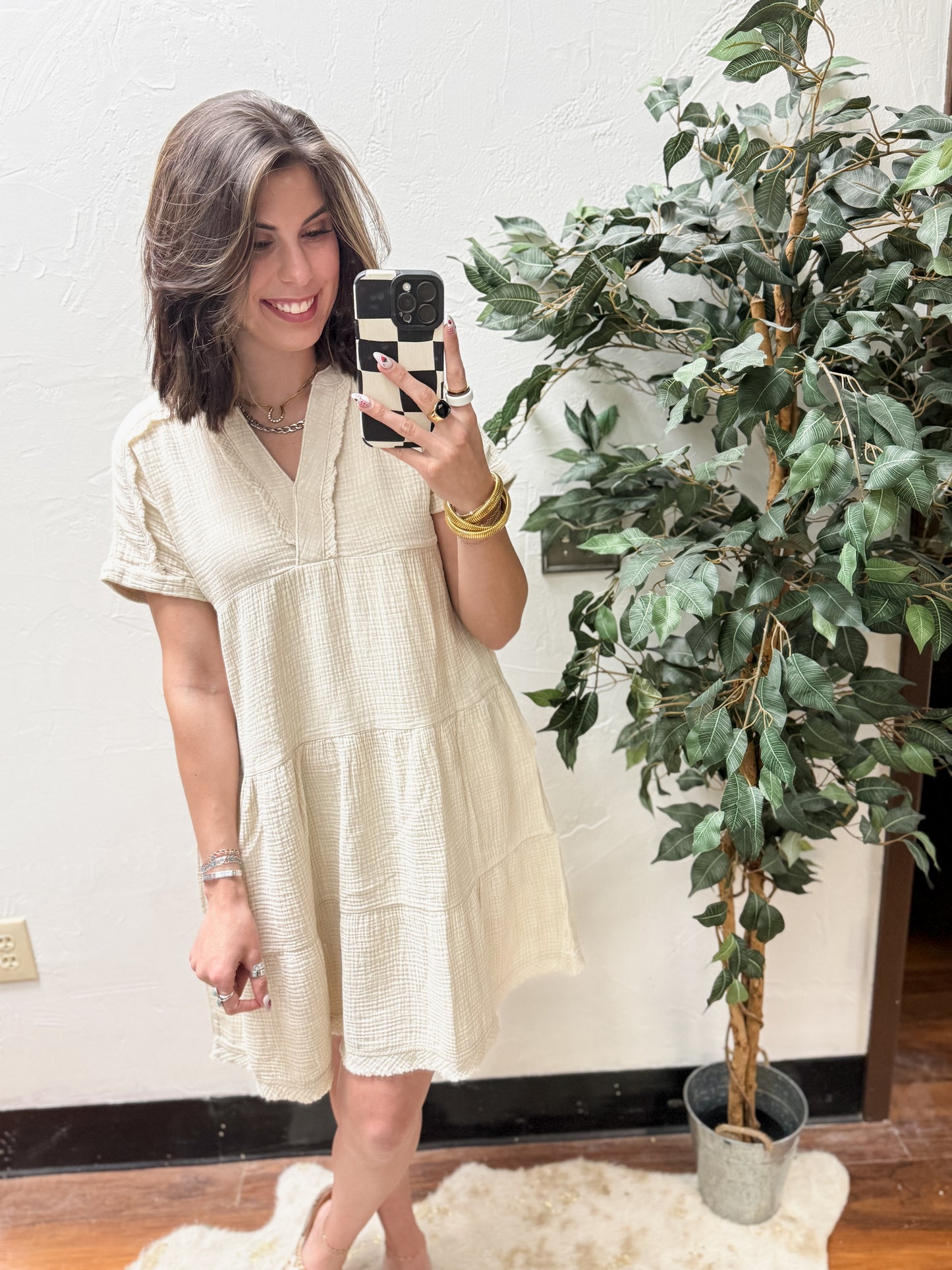 The Dani Gauze V-Neck Dress - Ash Mocha