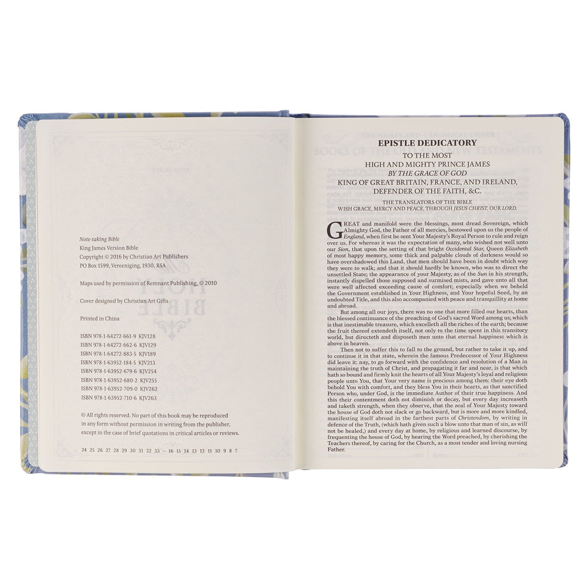 Blue Floral Hardcover Flora Collection Faux Leather King James Version Note-taking Bible - Colossians 3:2