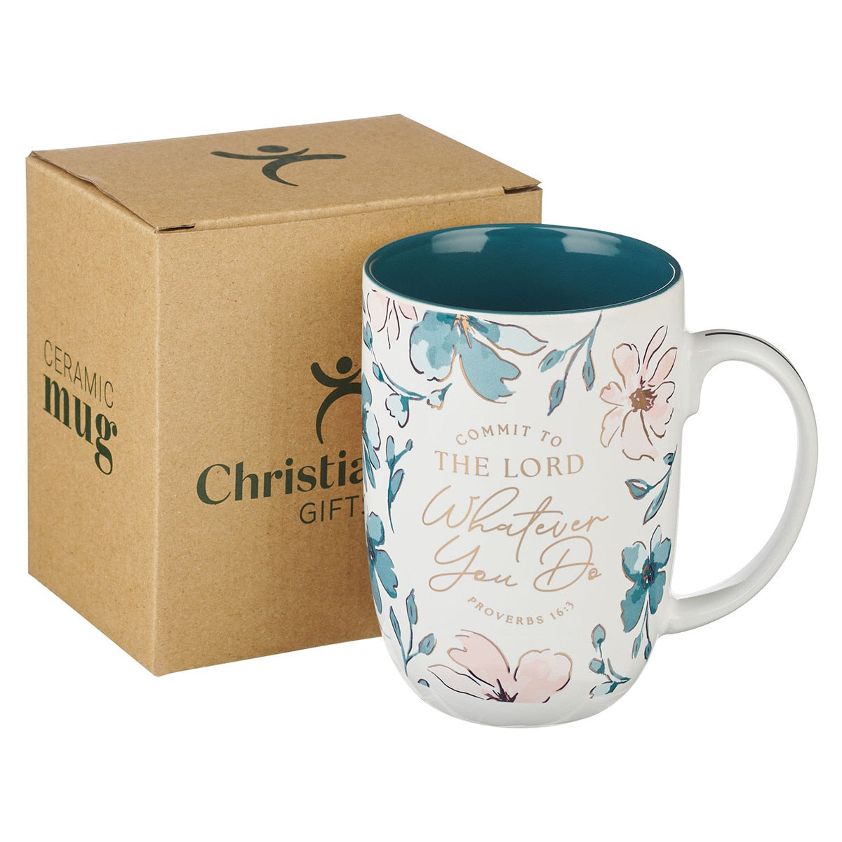 Whatever You Do Teal Floral Ceramic Coffee Mug - Proverbs 16:3