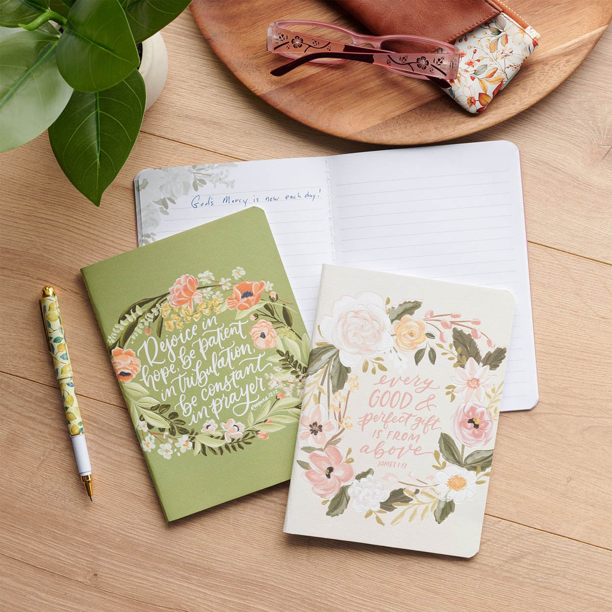 Good Gift and Rejoice Green and Cream Floral Medium Notebook Set