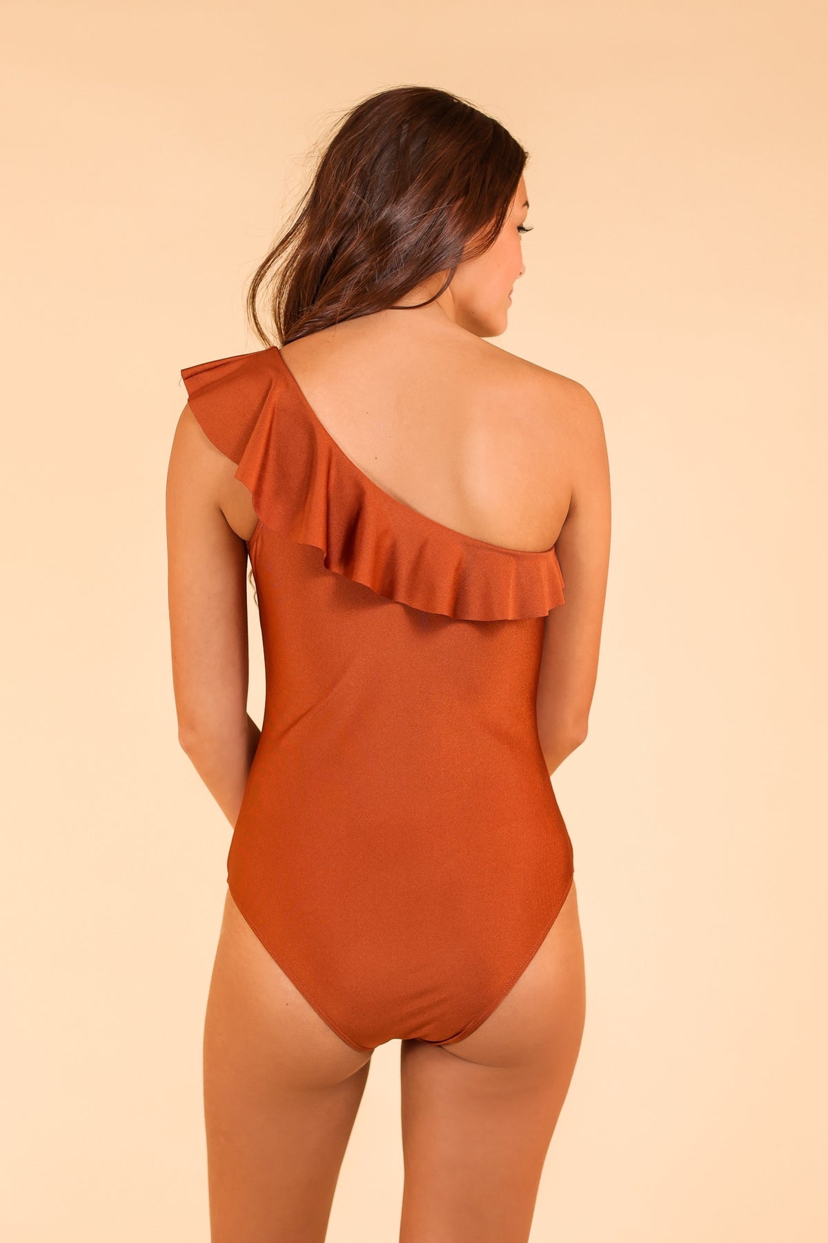 * FINAL SALE - The Serena Ruffle Off The Shoulder Swimsuit - Rust
