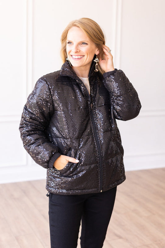 FINAL SALE - The Bring The Sparkle Sequin Puffer Coat - Black