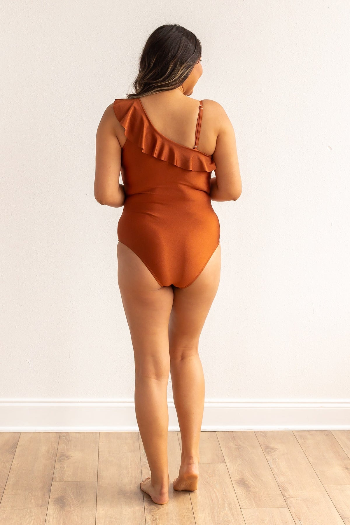 * FINAL SALE - The Serena Ruffle Off The Shoulder Swimsuit - Rust