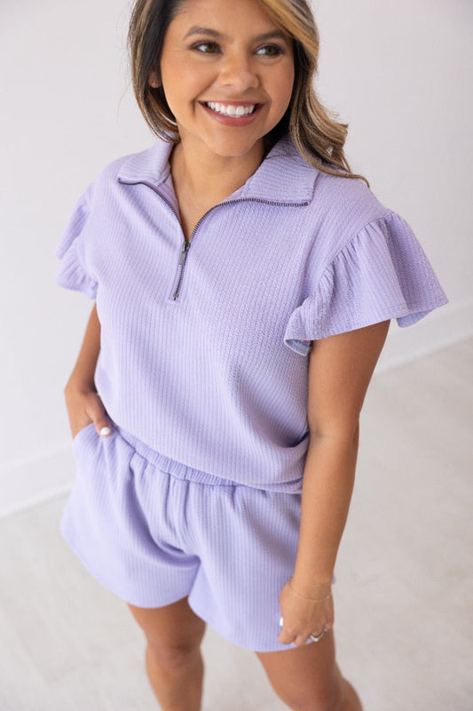 FINAL SALE - The Halee Quarter Zip w/ Flutter Sleeves - Lilac