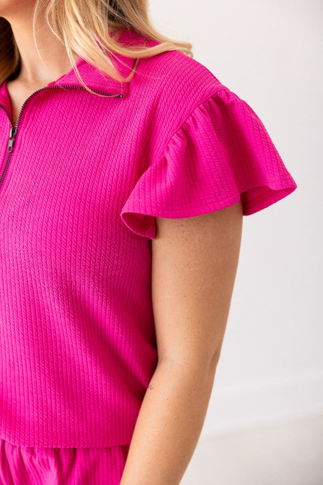 FINAL SALE - The Halee Quarter Zip w/ Flutter Sleeves - Hot Pink