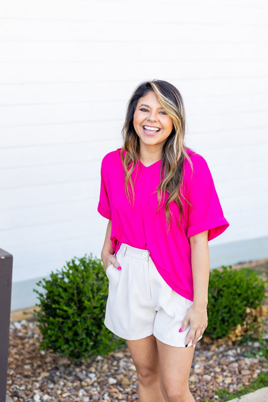FINAL SALE - The Cara Collared Top - Hot Pink