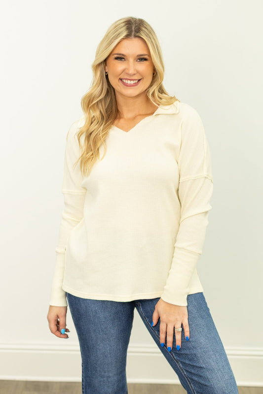 The Emilee Waffle Knit Long Sleeve Top - Ivory