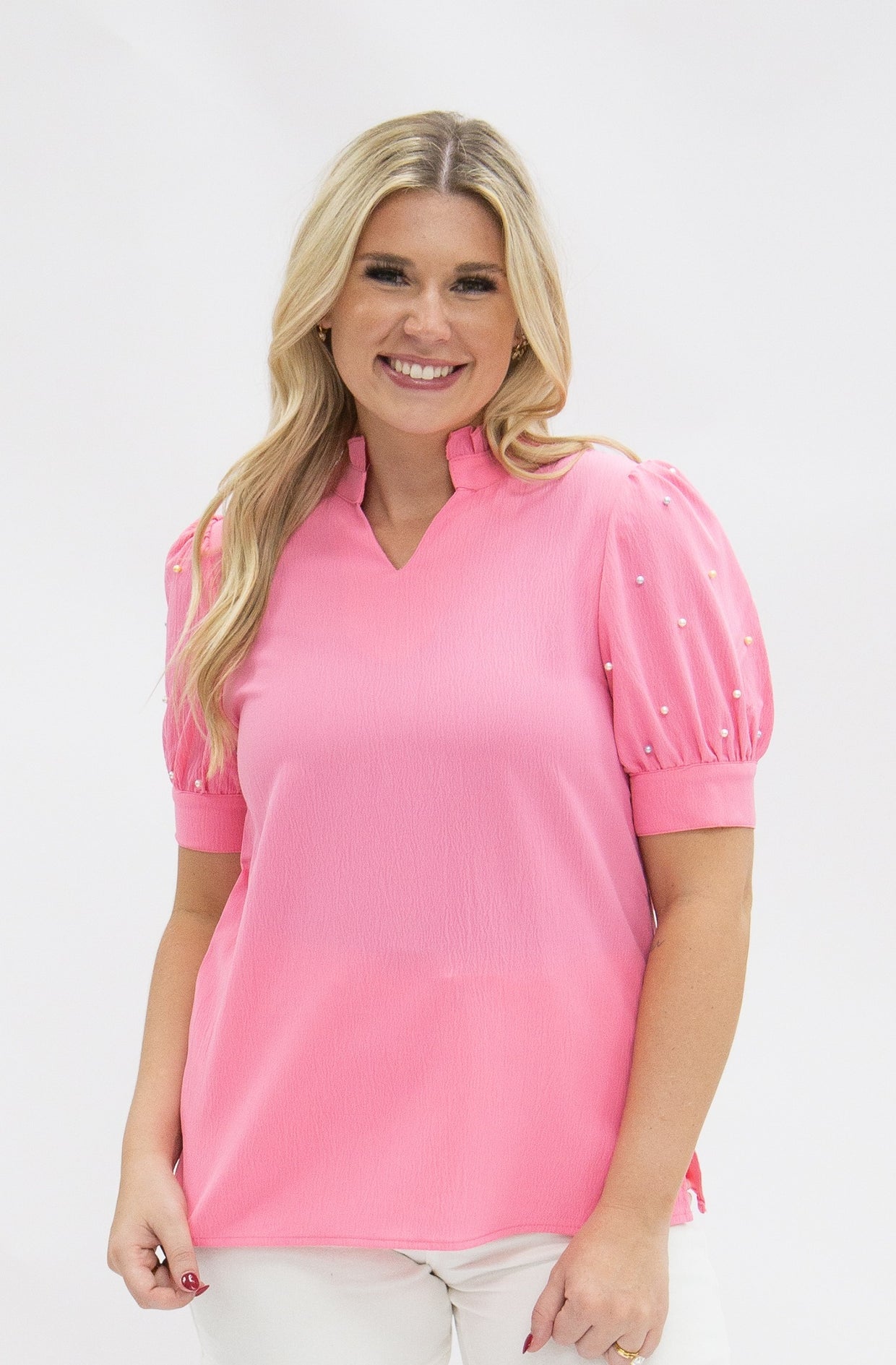 The Jayde Puff Sleeve Top w/ Pearls - Pink