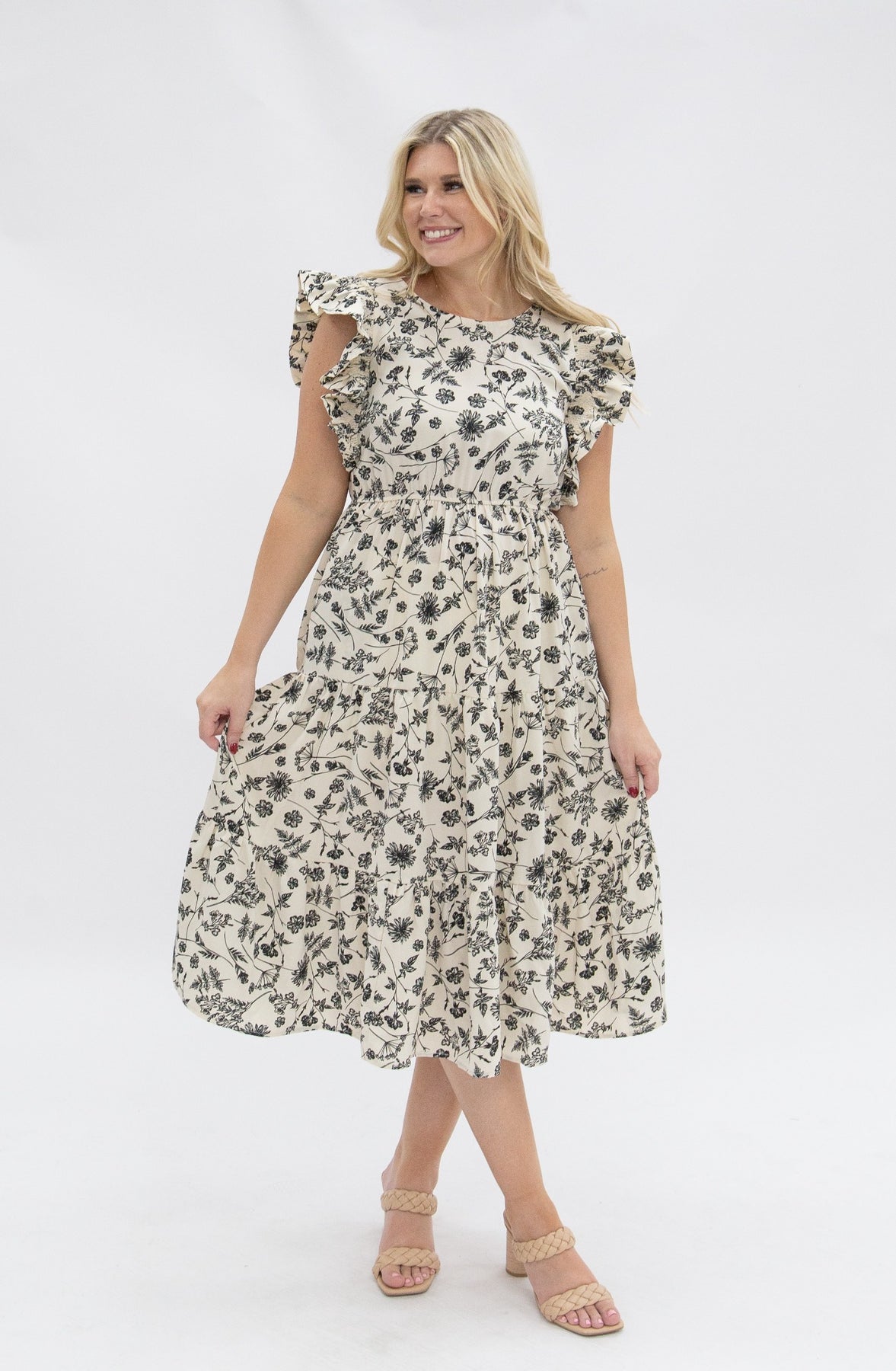 The Molli Black & Ivory Floral Tiered Dress