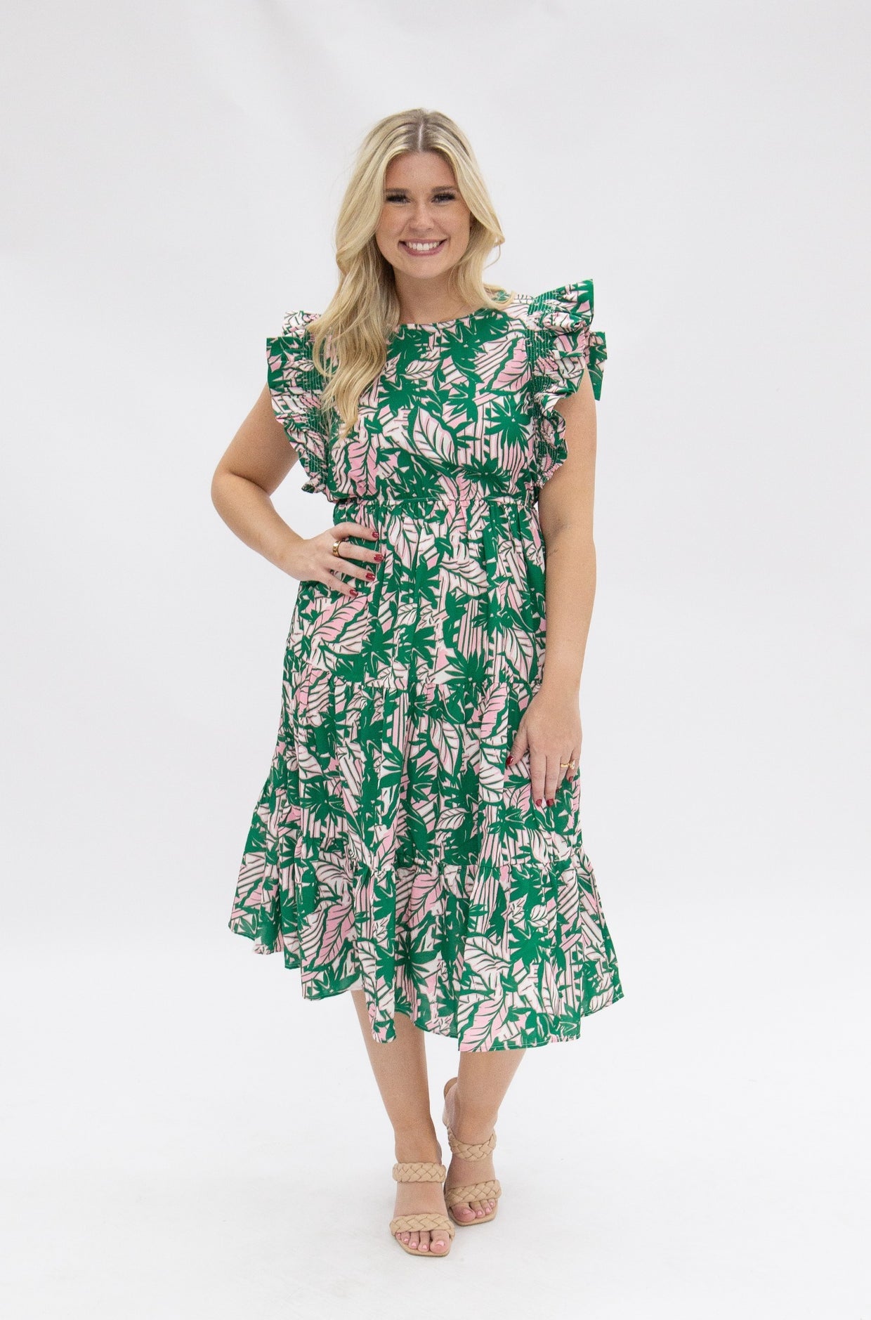 The Tozi Pink & Green Floral Tiered Dress