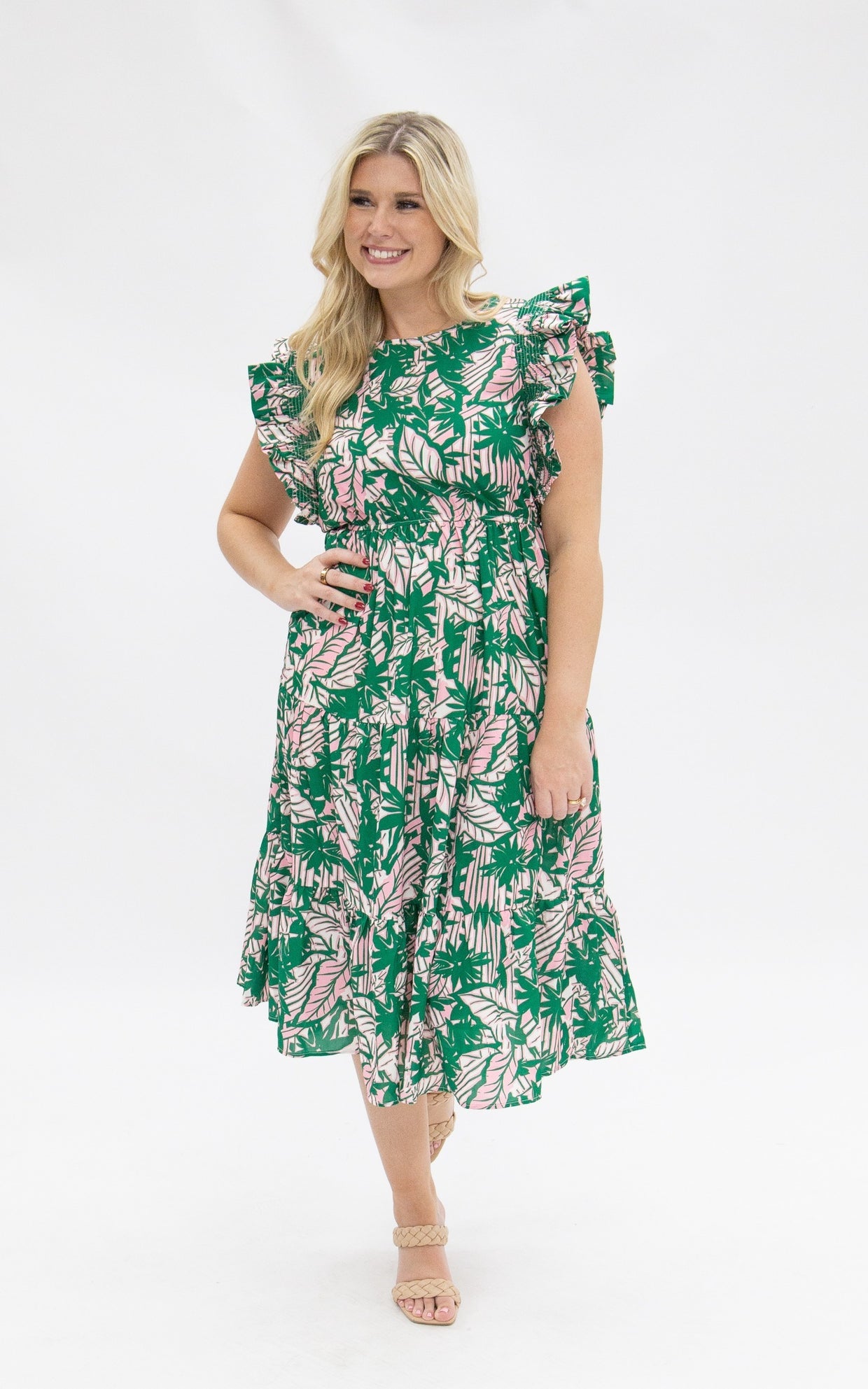 The Tozi Pink & Green Floral Tiered Dress