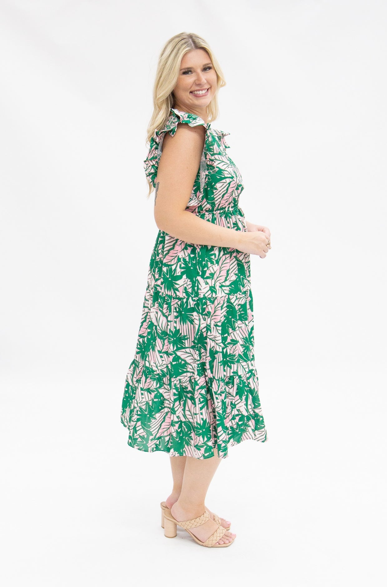The Tozi Pink & Green Floral Tiered Dress
