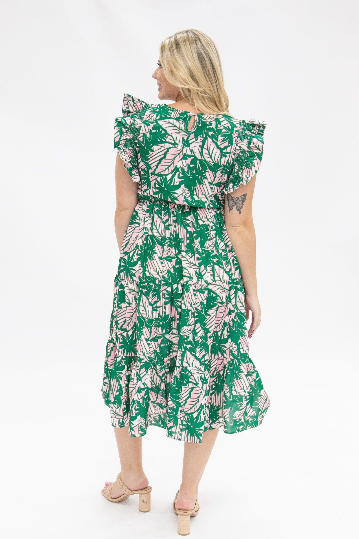 The Tozi Pink & Green Floral Tiered Dress