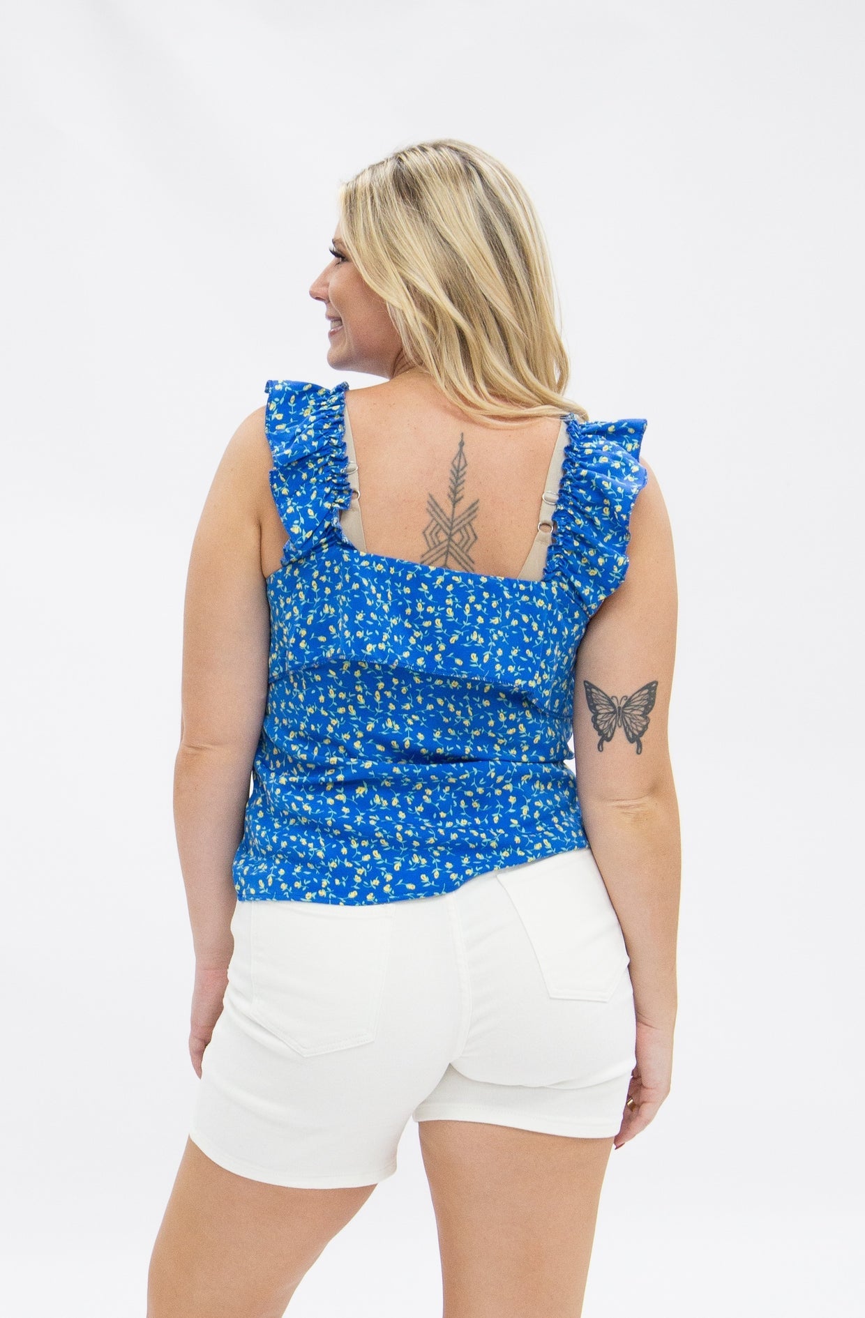 The Rebecca Flounce Tank Top - Blue Floral