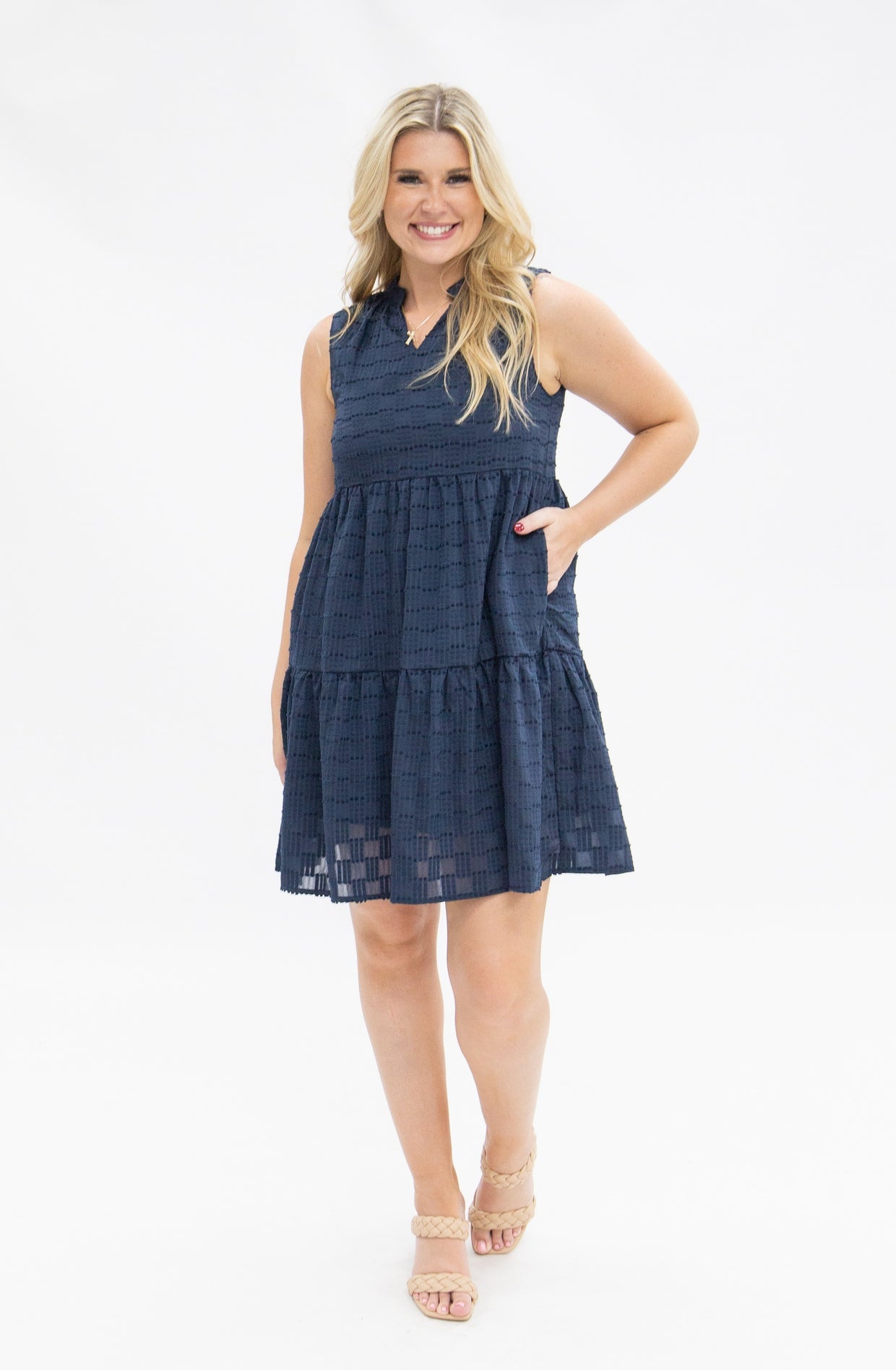 The Caleigh Sleeveless Tiered Dress - Navy Checkered
