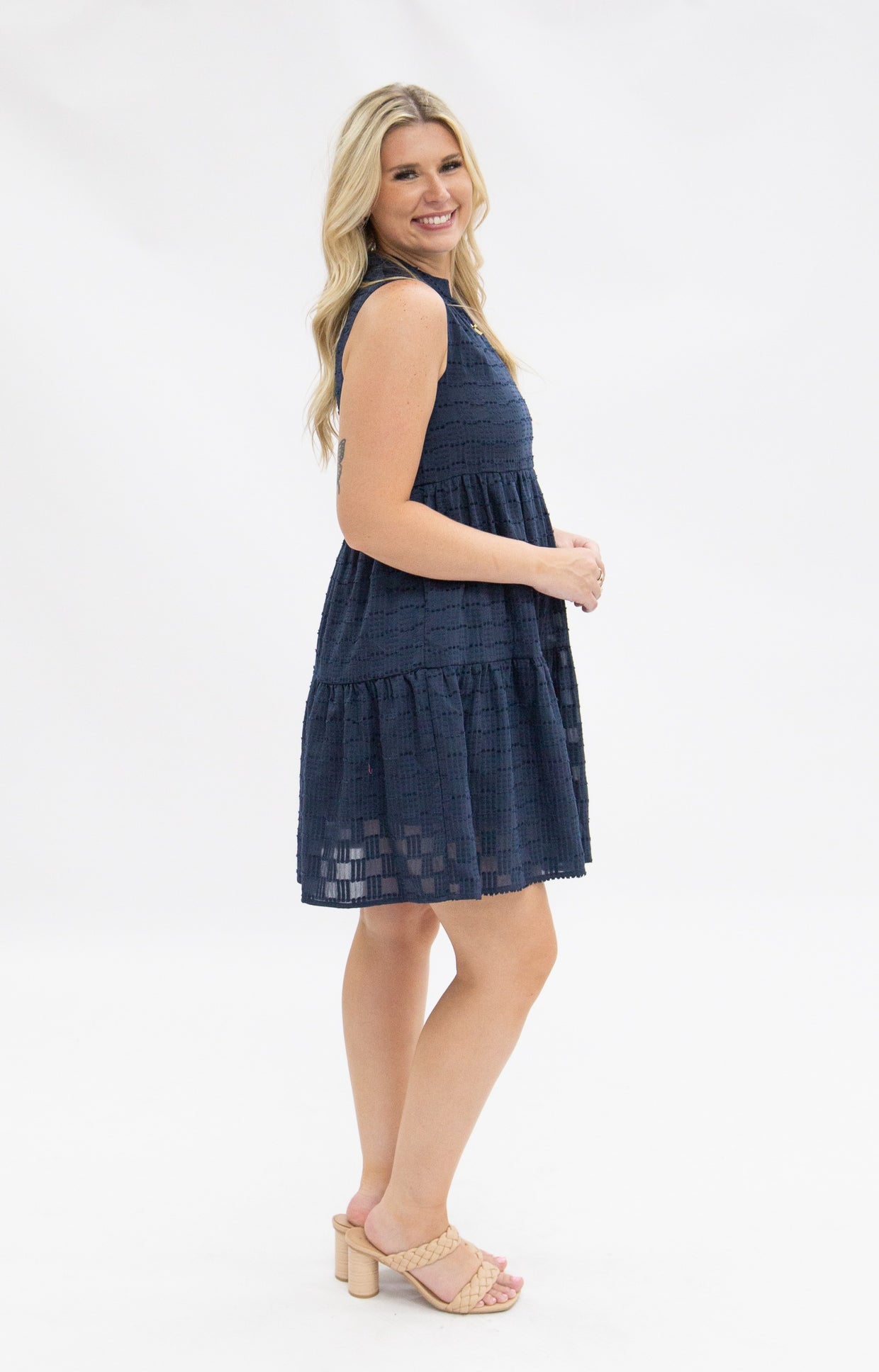 The Caleigh Sleeveless Tiered Dress - Navy Checkered