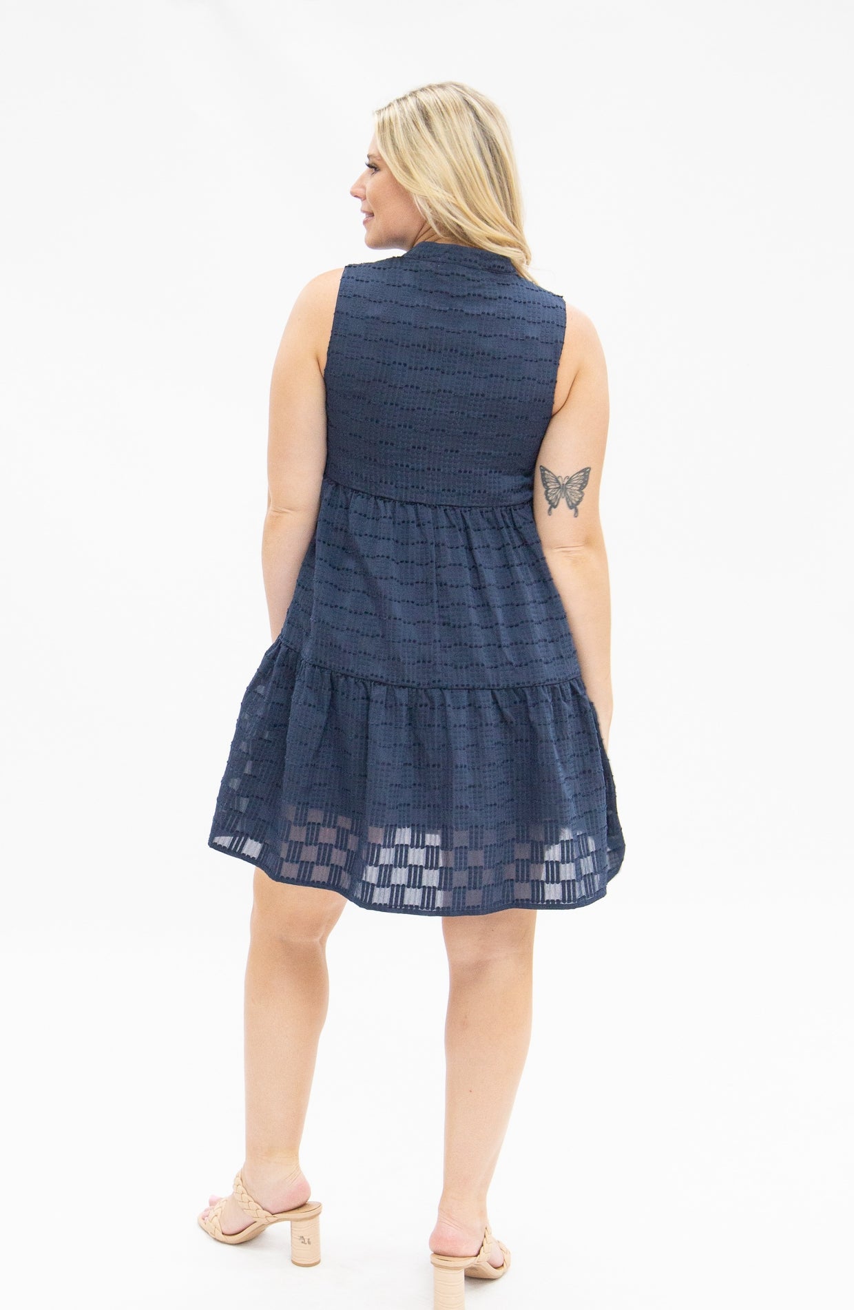 The Caleigh Sleeveless Tiered Dress - Navy Checkered