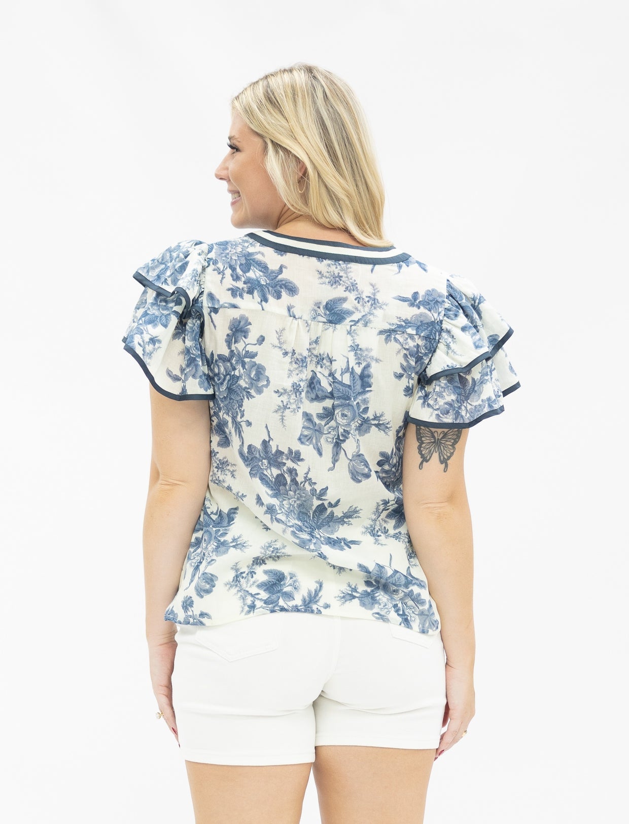 The Jossy V-Neck Flutter Sleeve Top - Blue Floral