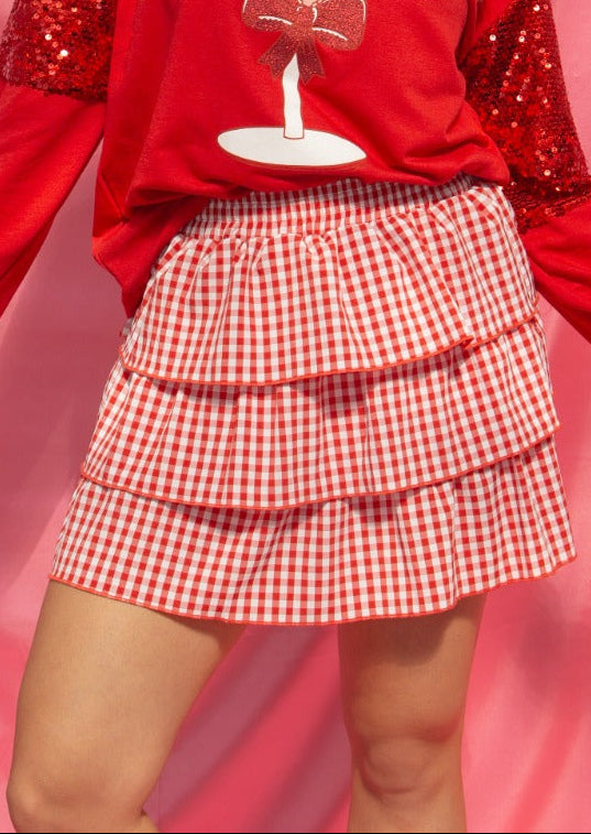 The Adley Gingham Ruffle Skort - Red