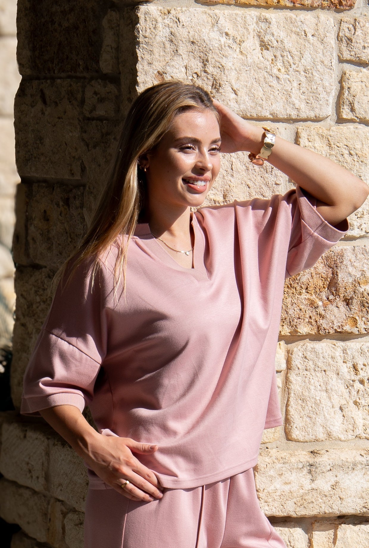 The Remi Butter Soft V-Neck Top - Pink