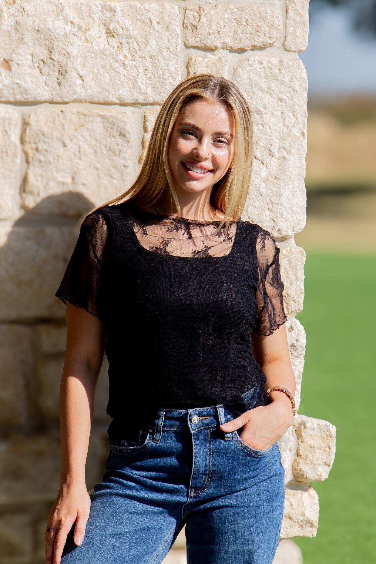 The Sasha Lace Short-Sleeve Top - Black