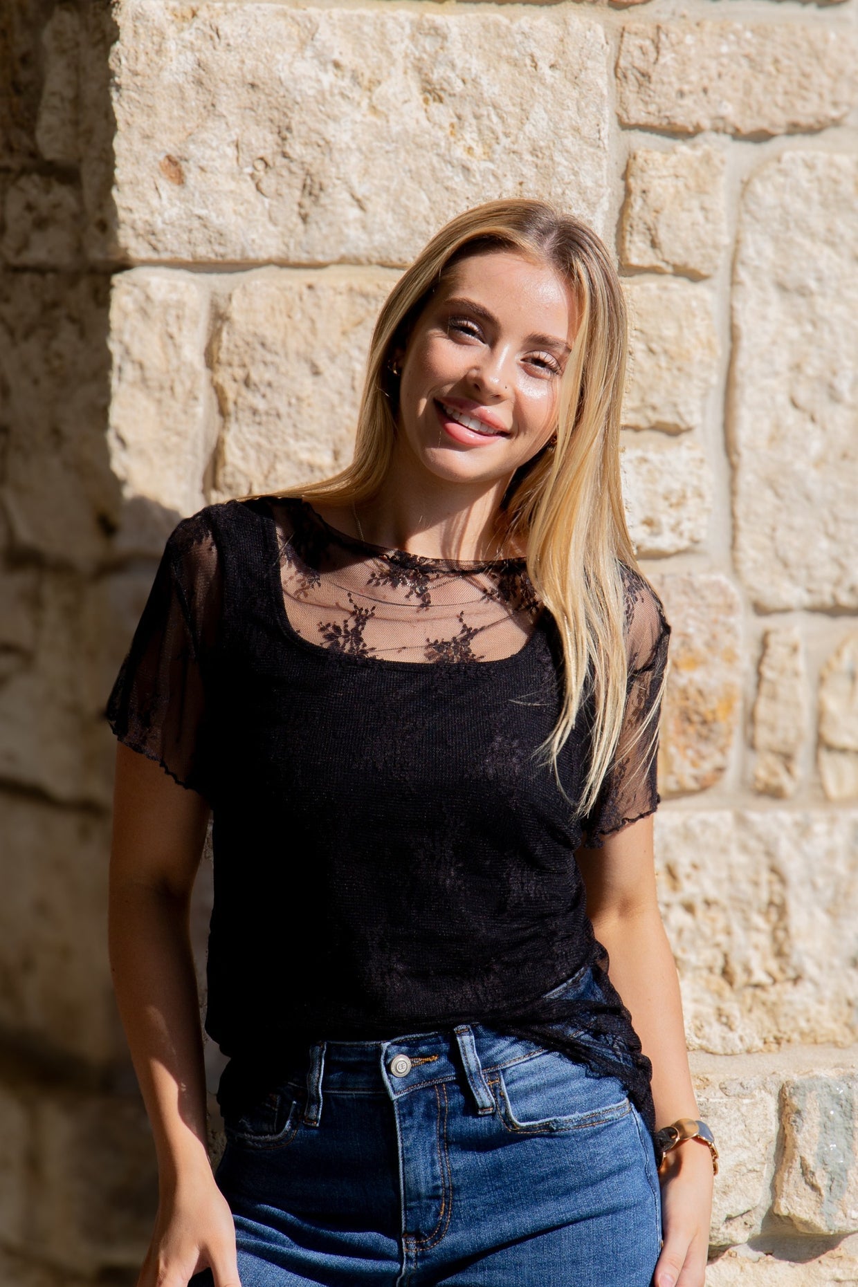 The Sasha Lace Short-Sleeve Top - Black