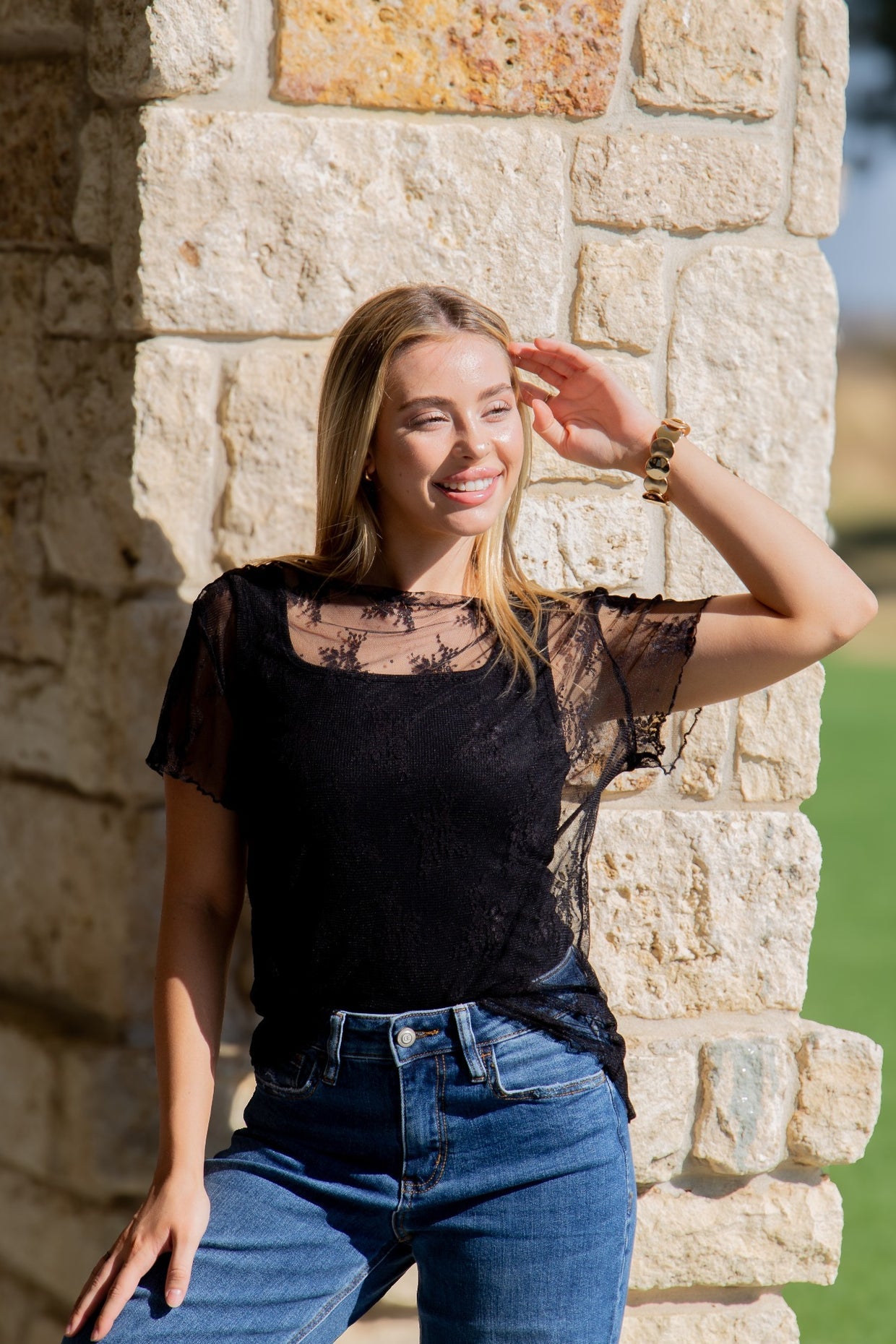The Sasha Lace Short-Sleeve Top - Black