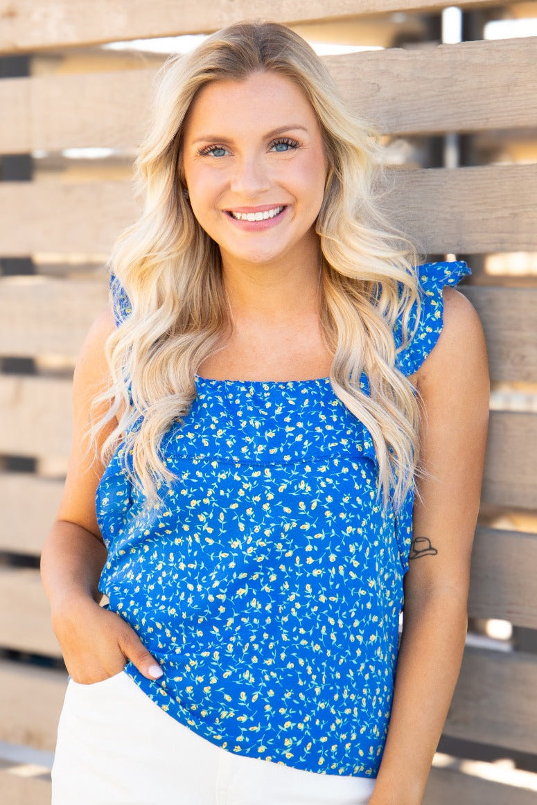 The Rebecca Flounce Tank Top - Blue Floral