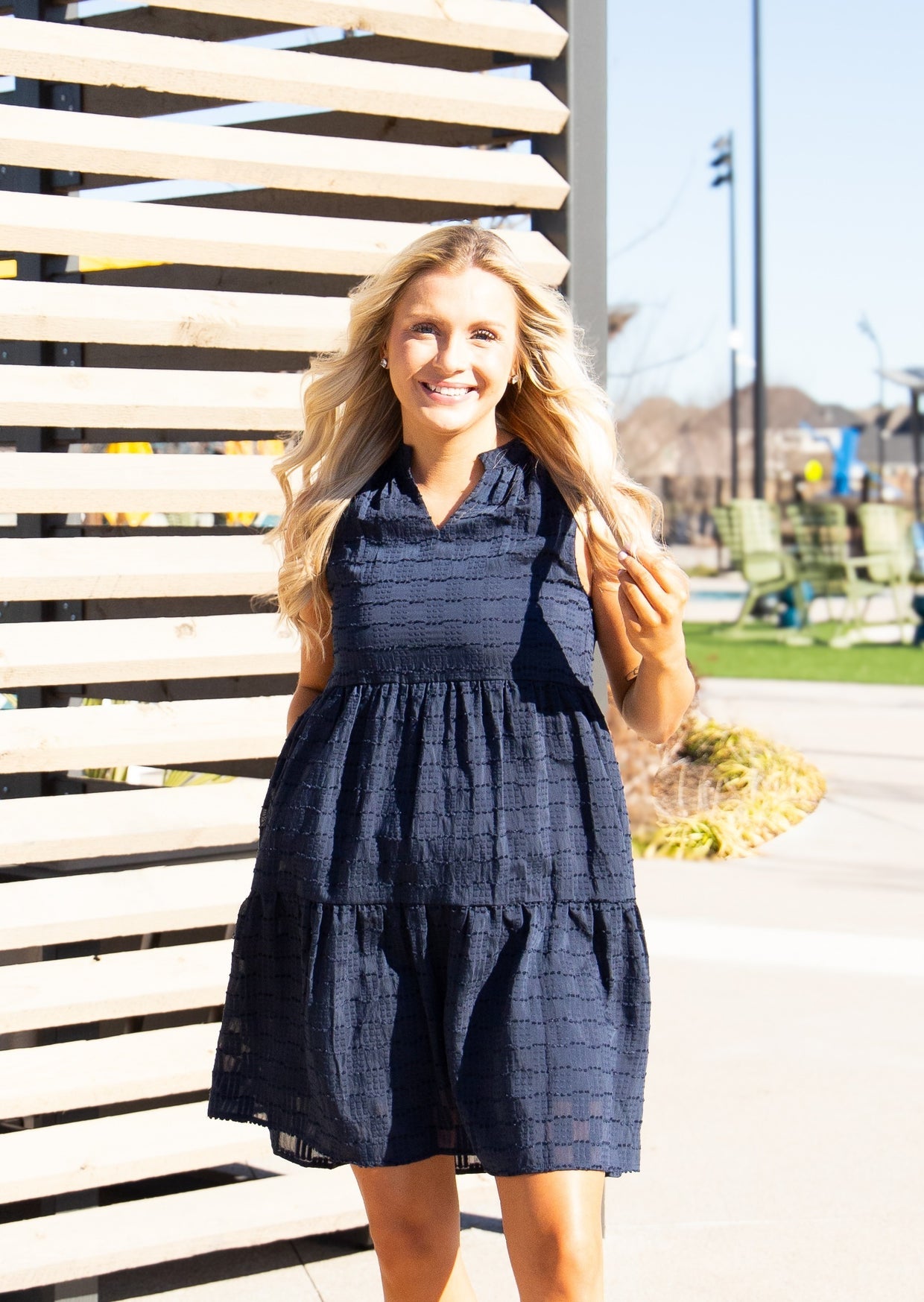 The Caleigh Sleeveless Tiered Dress - Navy Checkered