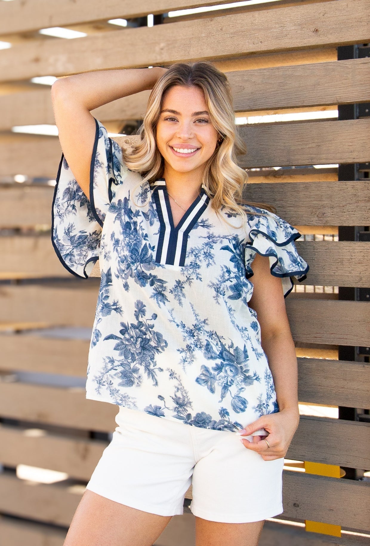 The Jossy V-Neck Flutter Sleeve Top - Blue Floral