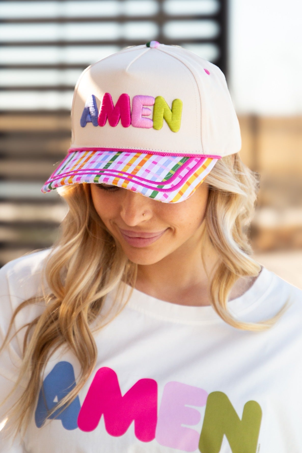 The "Amen" on Tan Hat with Plaid Bill