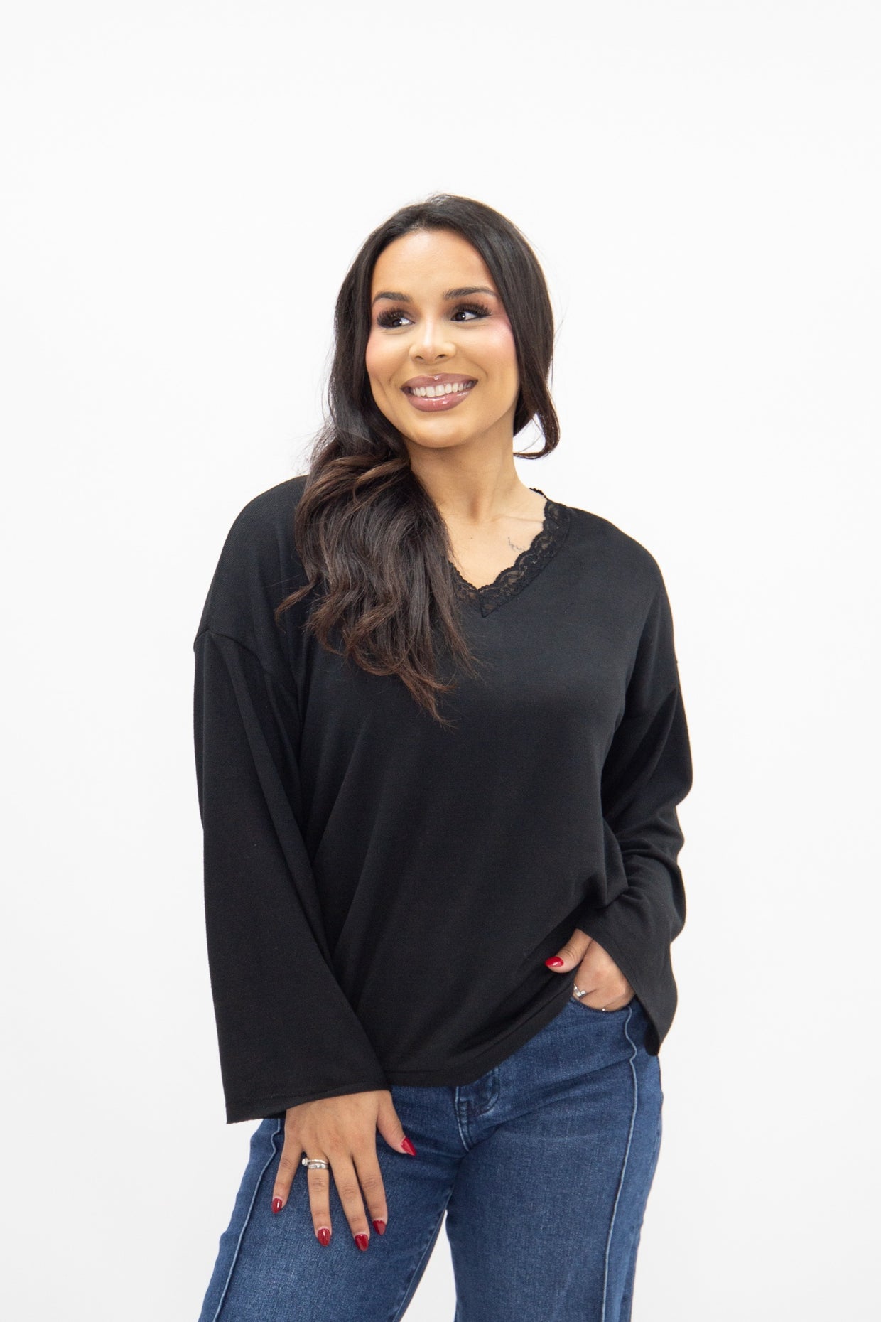 The Carlie V-Neck Lace Trim Top - Black