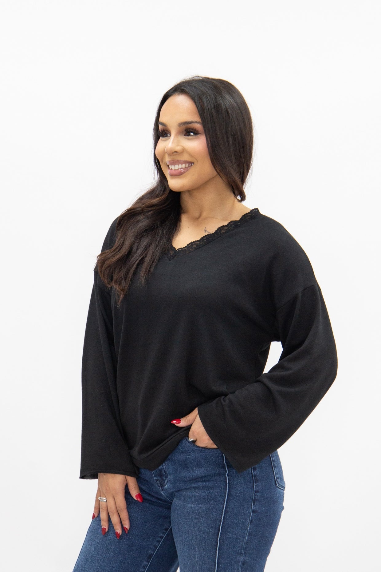 The Carlie V-Neck Lace Trim Top - Black