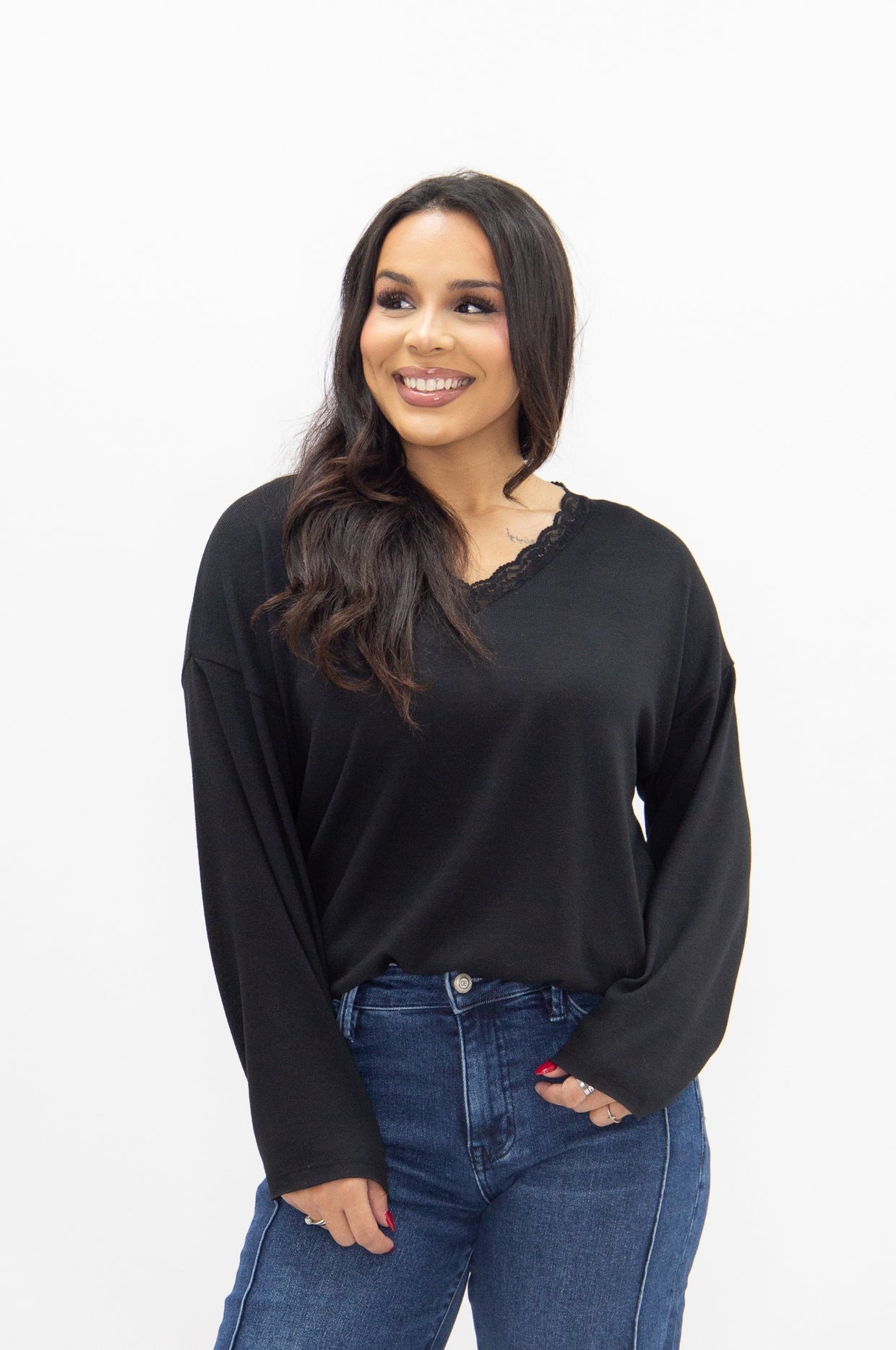 The Carlie V-Neck Lace Trim Top - Black