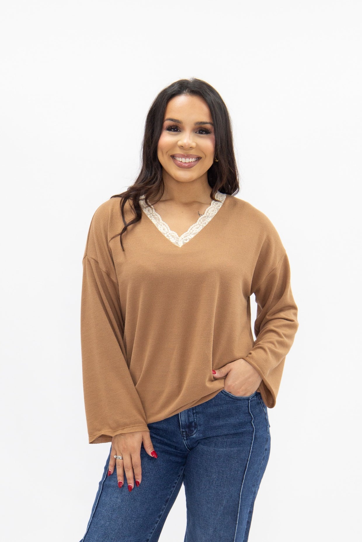 The Carlie V-Neck Lace Trim Top - Brown