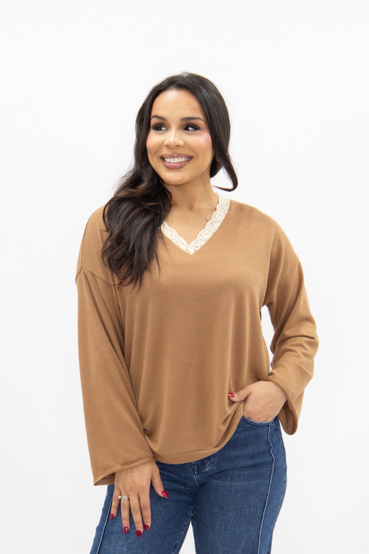 The Carlie V-Neck Lace Trim Top - Brown