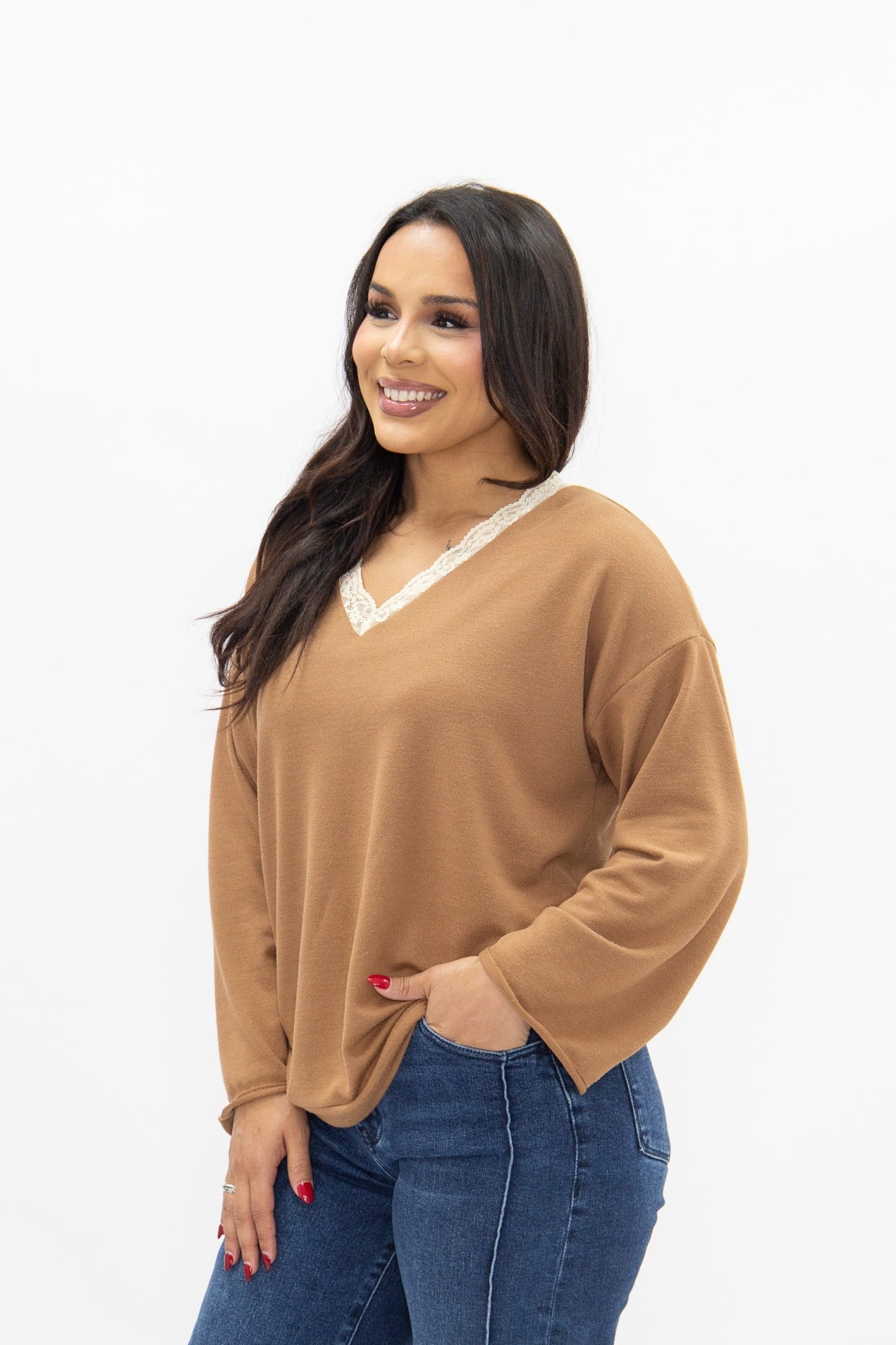 The Carlie V-Neck Lace Trim Top - Brown