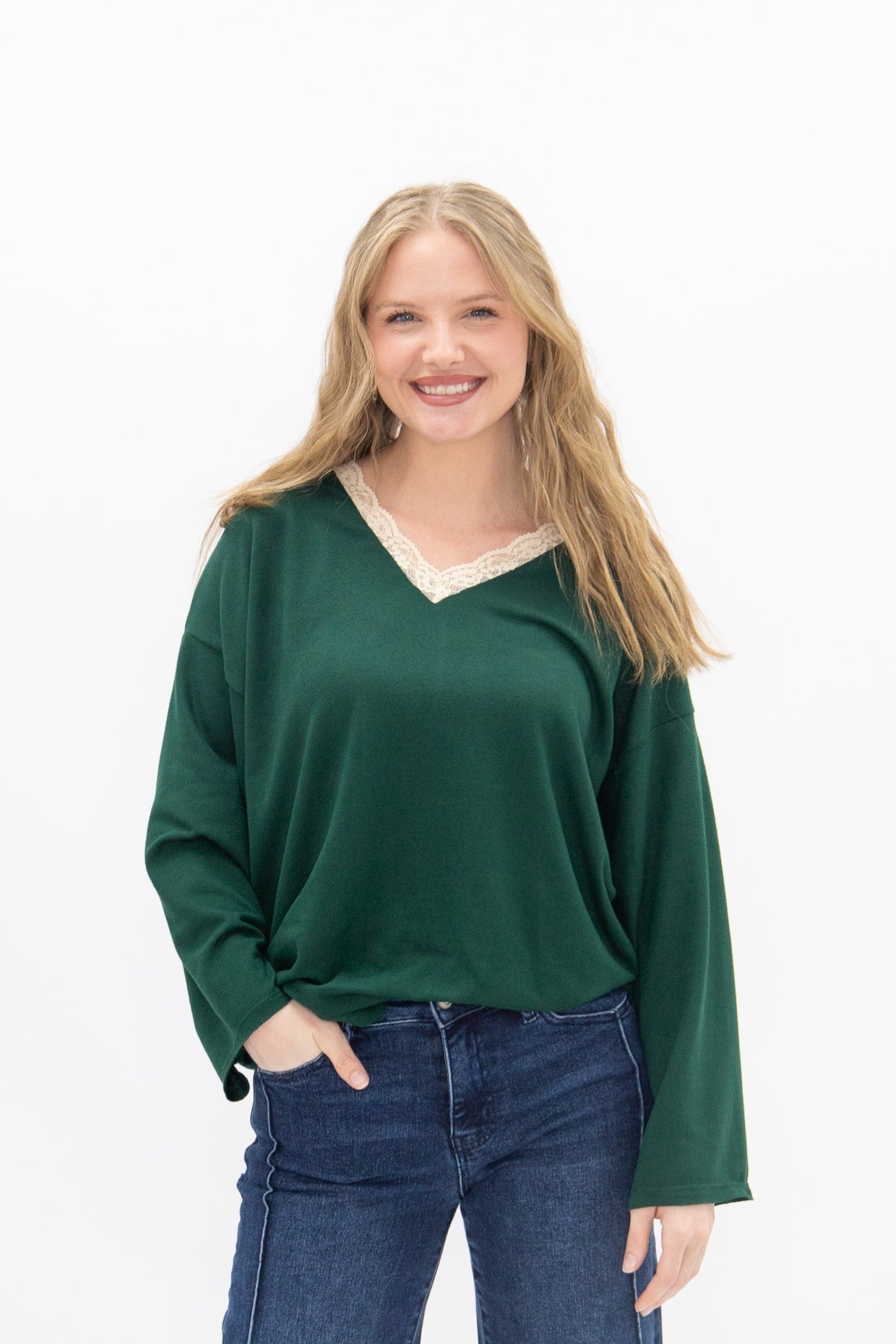 The Carlie V-Neck Lace Trim Top - Forest Green