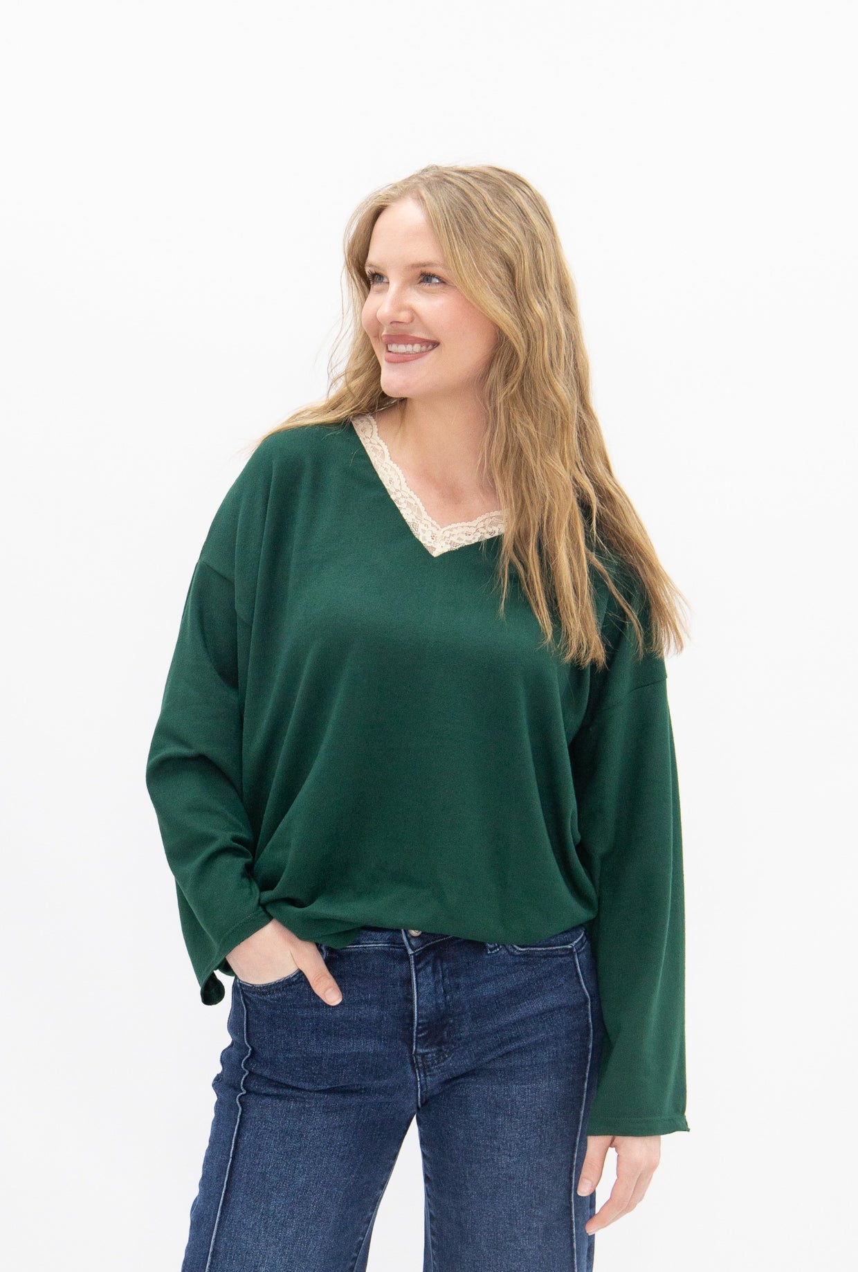 The Carlie V-Neck Lace Trim Top - Forest Green