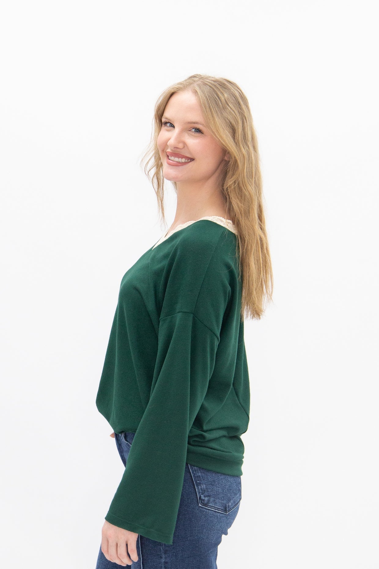 The Carlie V-Neck Lace Trim Top - Forest Green