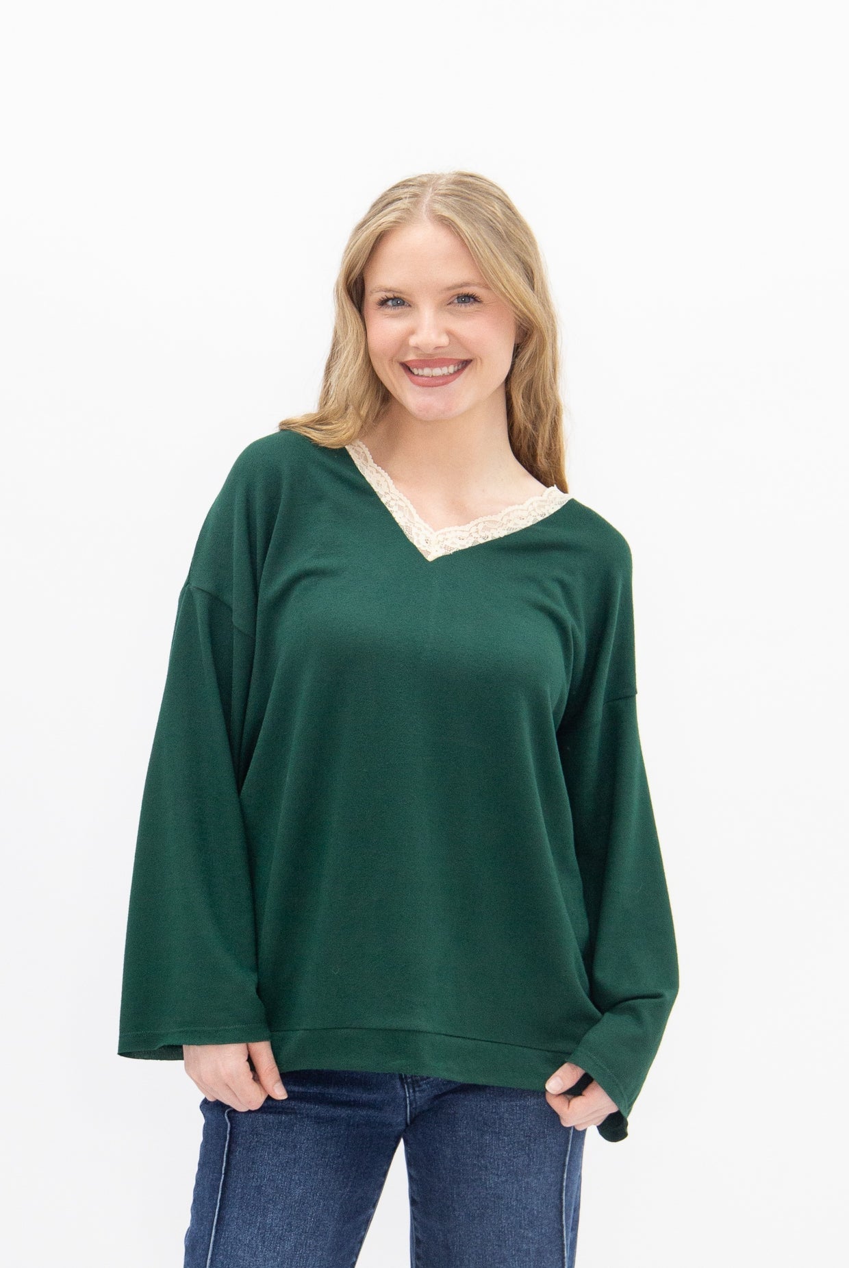 The Carlie V-Neck Lace Trim Top - Forest Green